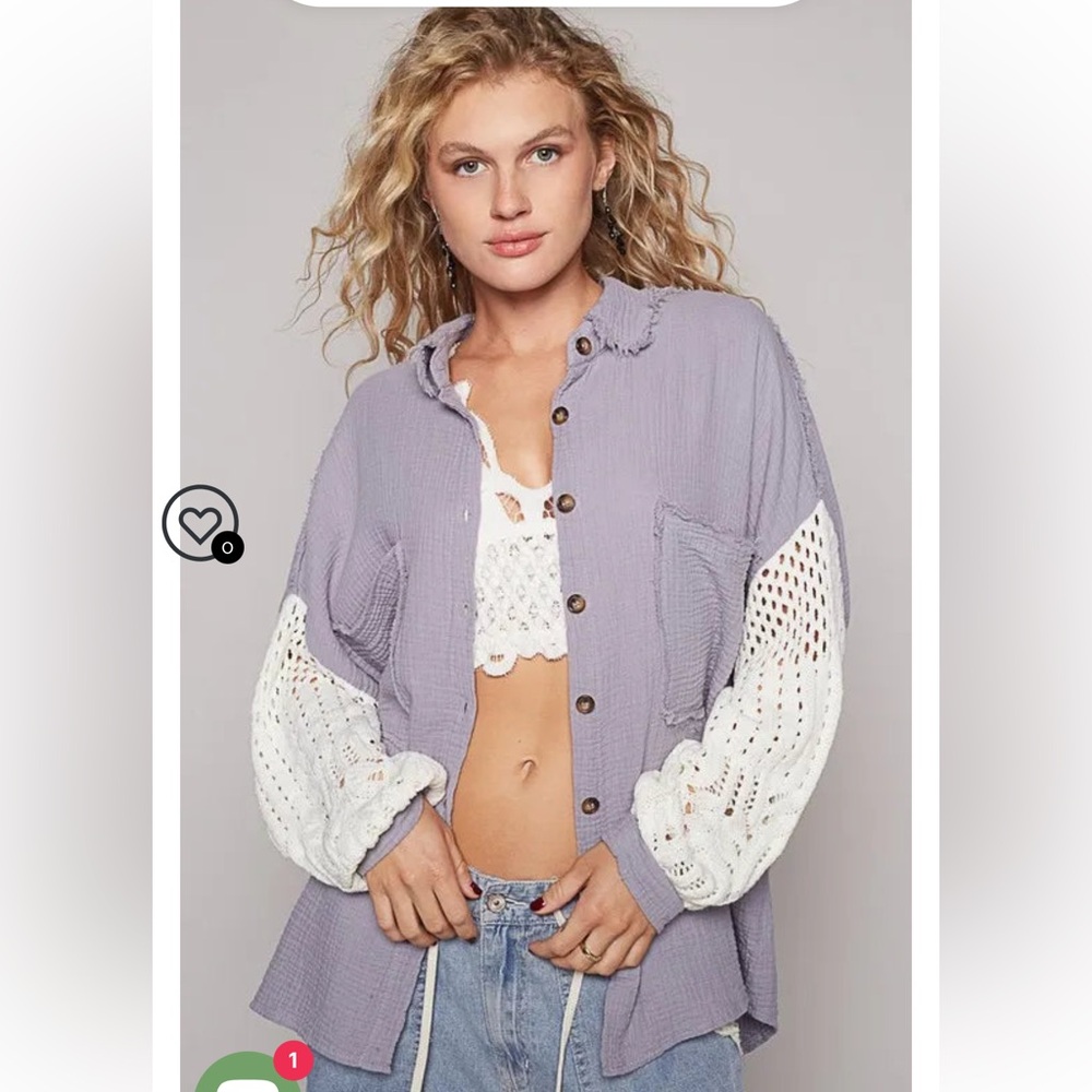 POL Lesley Lavender&Cream Crochet Sleeves Gauzy Cotton Oversized Button Up,M/L